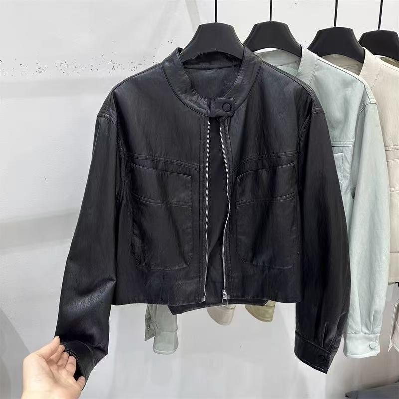 

Корейская версия женской мотоциклетной кожаной куртки с нерегулярным круглым вырезом и большим карманом, новая короткая S чёрный