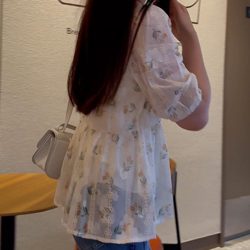 Summer new loose casual printing embroidered versatile shirt unique and chic design single-breasted top women's clothing