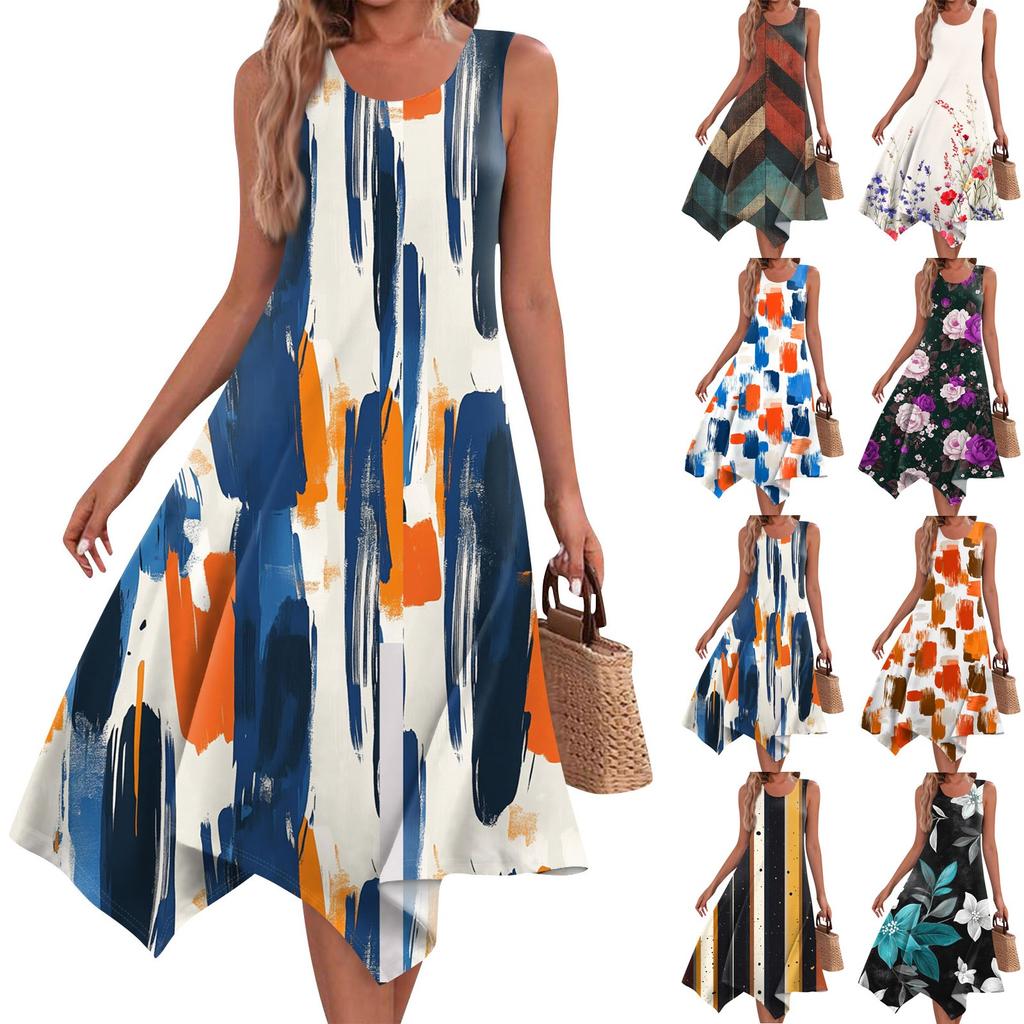 Women's Casual Fashion Round Neck Sleeveless Print Irregular Hem Midi Dress Hem Midi Dress