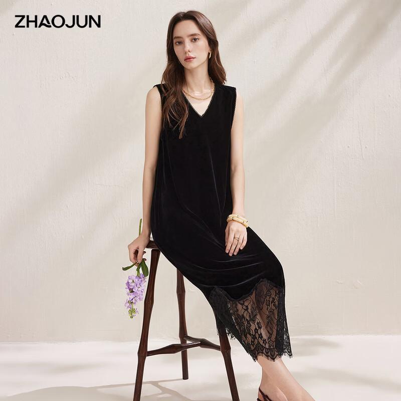 Zhaojun Women s Sleeveless Silk Velvet & Lace Patchwork Dress 2XL