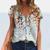 Sommer V-hals 3D Blomstertrykt Topp Moteable Casual Kortermet Dame T-skjorter