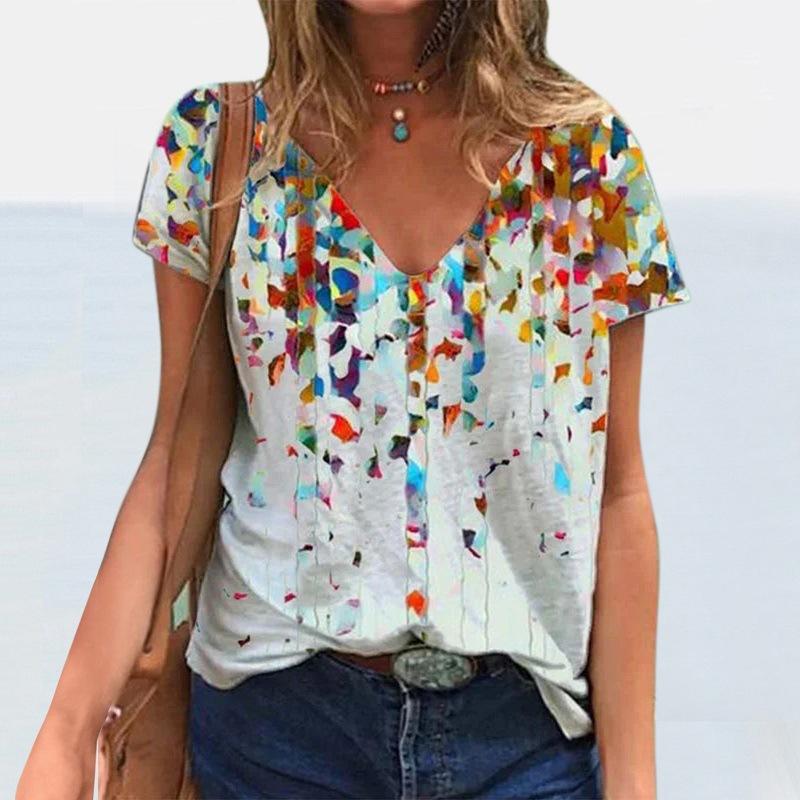 Sommer V-hals 3D Blomstertrykt Topp Moteable Casual Kortermet Dame T-skjorter