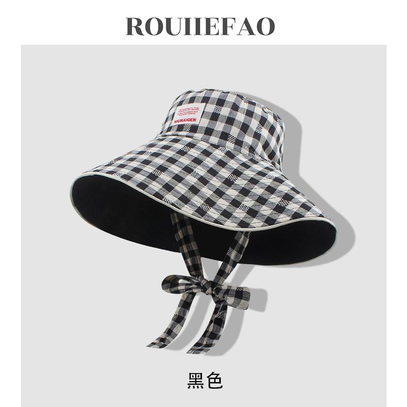 1pc Retro Ins Sweet Plaid Tie Strap Bucket Hat for Women,Summer Big Brim Double Sided Sun Caps Travel Versatile Fisherman Hats