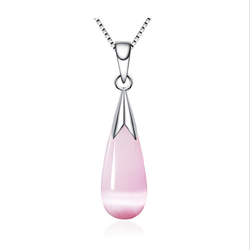 Korean Style S925 Sterling Silver Cat's Eye Water Drop Pendant Necklace for Women