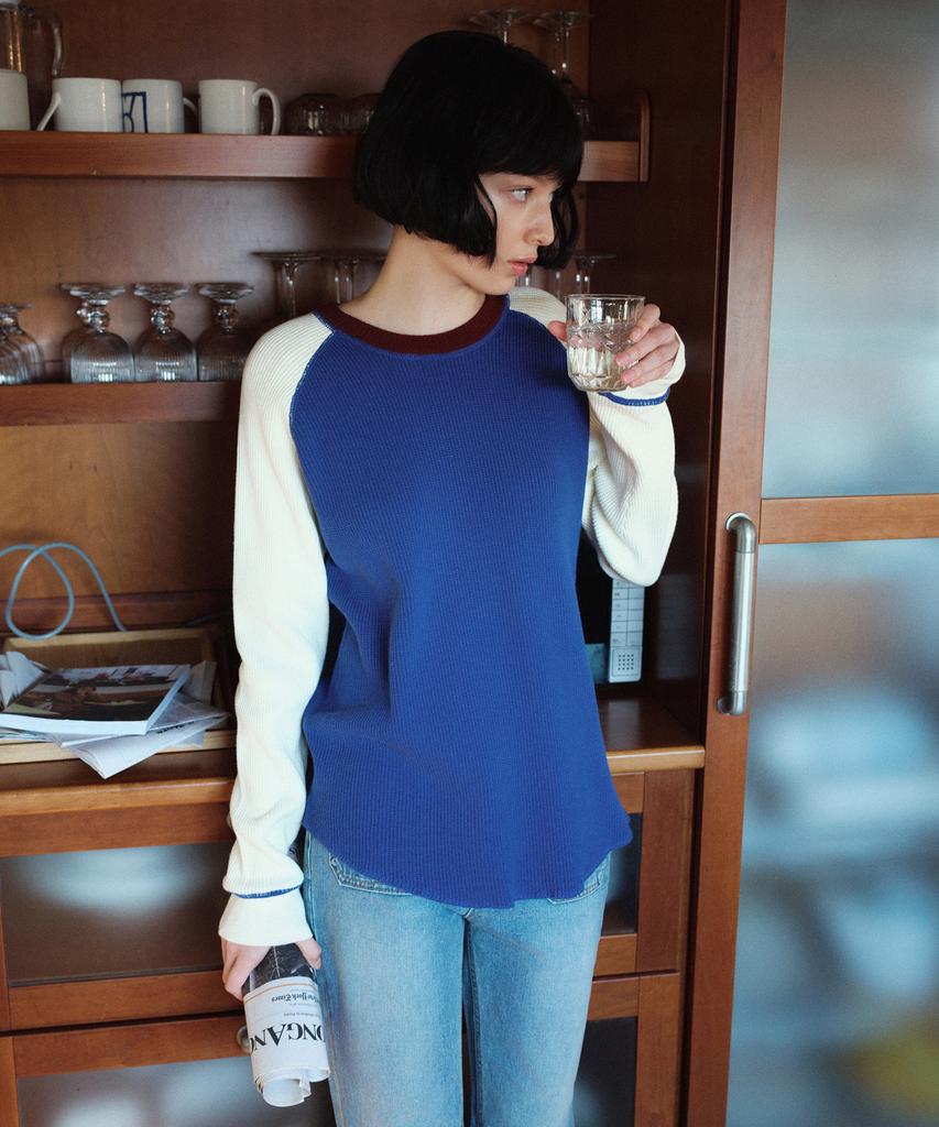 Siyajyu Sikn2176 Waffle Raglan Color Block Knit_Mix Blue