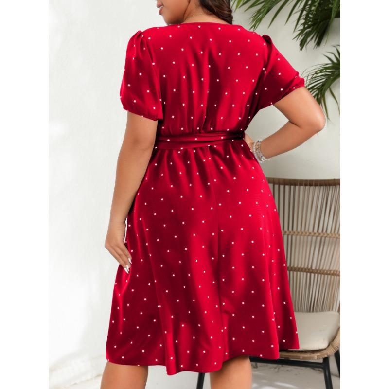 Summer Large Size Retro Polka Dot Dress Women Elegant Slim Waist Cinched Lace Up Square Neck Party Dress Fashion Elegant Sweet Casual Holiday Dresses