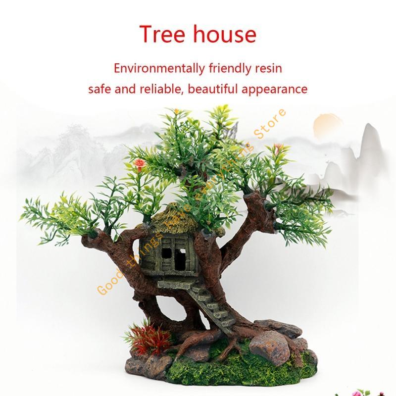 Aquarium Resin Tree House Decoration for Fish for Tank Hideout with Rock Grass 55KF