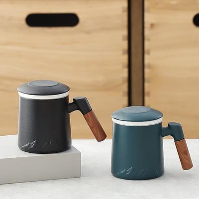 Ceramic Office Cup With Lid Wooden Handle Tea Cup Filter Tea Separation Office Water Cup