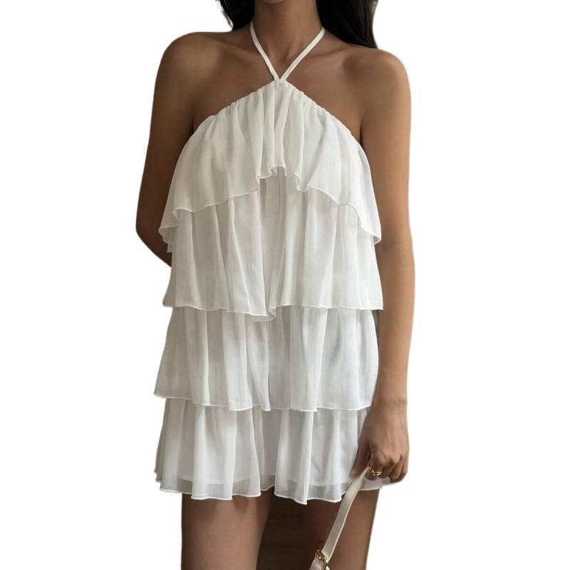 European summer new neck chiffon temperament short cake skirt off-the-shoulder sleeveless dress women