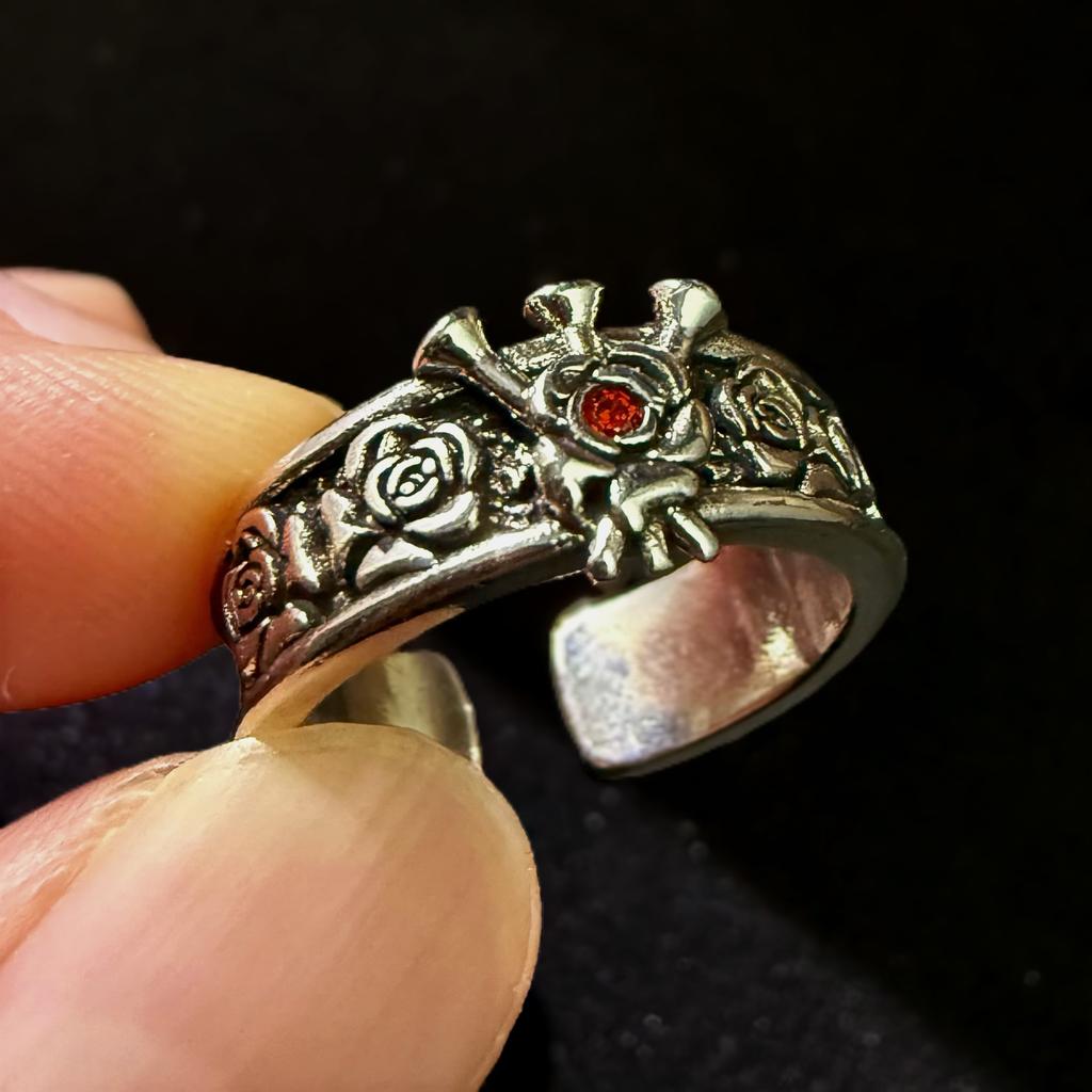 Retro Rose&Nails Adjustable Open Ring For Women Men Silver-plated Copper Punk Gothic Edgy  Unisex Flower Accessories Gift