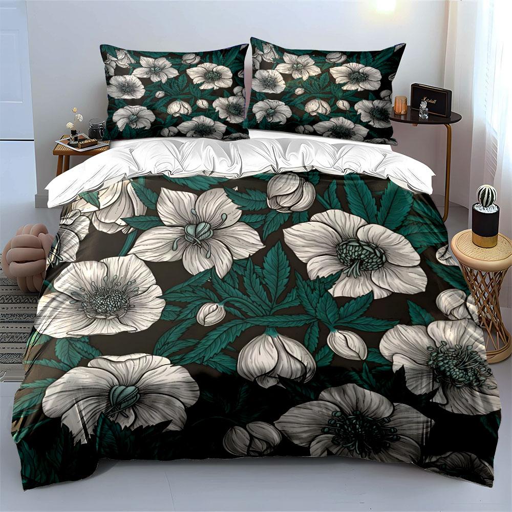 White flowers and green leaves Print Bedding Set 1 Duvet Cover 2 Pillowcases for Adult and Children Luxury Gift Full Size