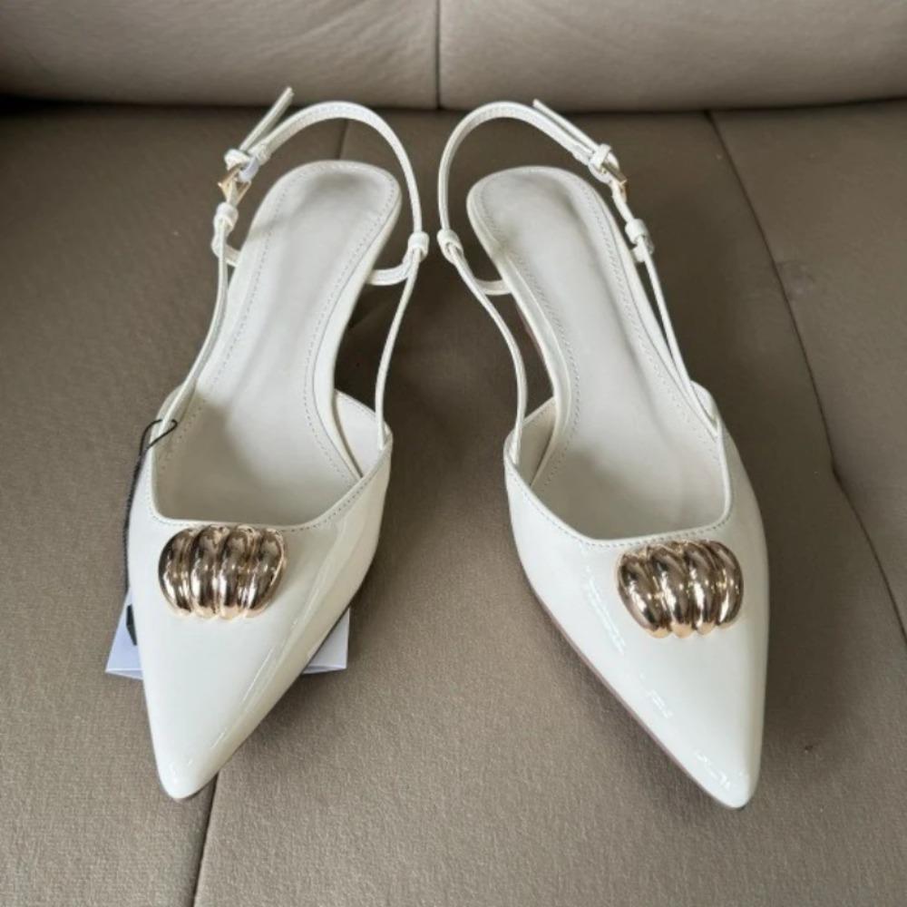 Fashion Metal Decoration Designer Sandals for Women Summer Sexy Patent Leather Pointed Toe High Heels Party Dress Shoes