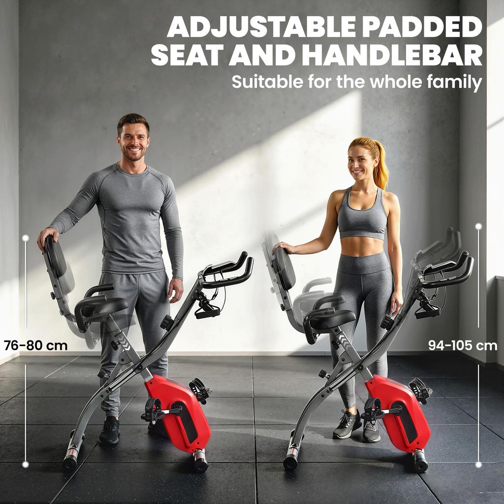 3-In-1 Folding Exercise Bike with Resistance Bands, Bluetooth App, 8-Level Magnetic Resistance, LCD Display, Red
