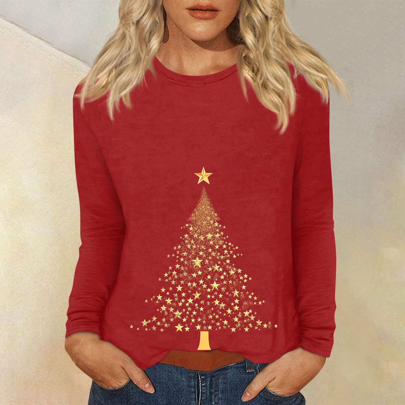 

Женский повседневный повседневный топ с длинными рукавами и рождественским принтом с круглым вырезом M винный