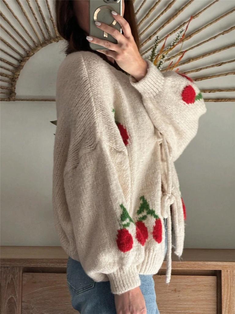 Fall Knit Oversized Casual Sweater Strawberry Cherry Style Tie-Up Cardigan Top