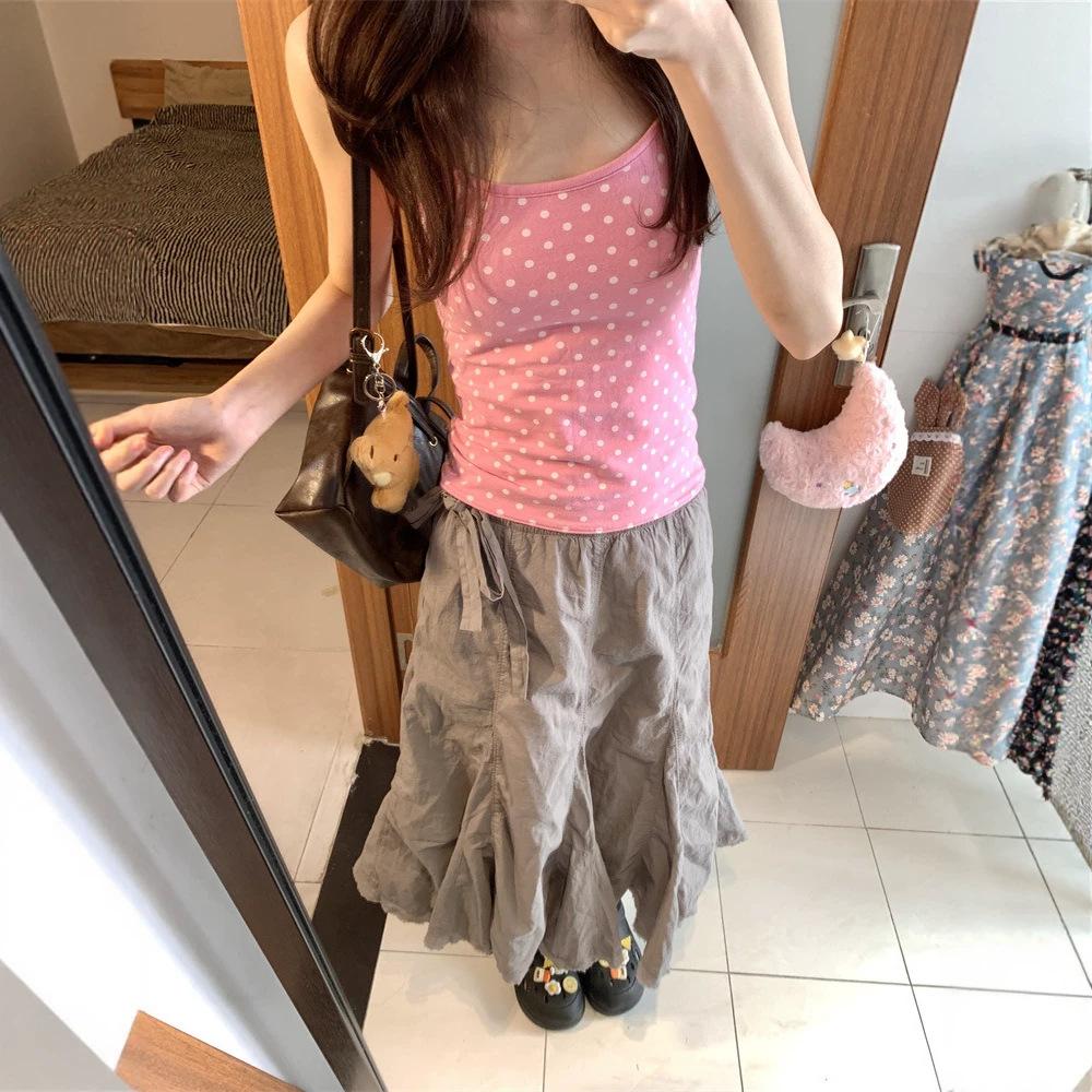 Pure Cotton, Pink Polka Dot Sling Vest for Women's Summer Sweet Babes, Short Slim Fit Inside and Outside, Sleeveless Top.