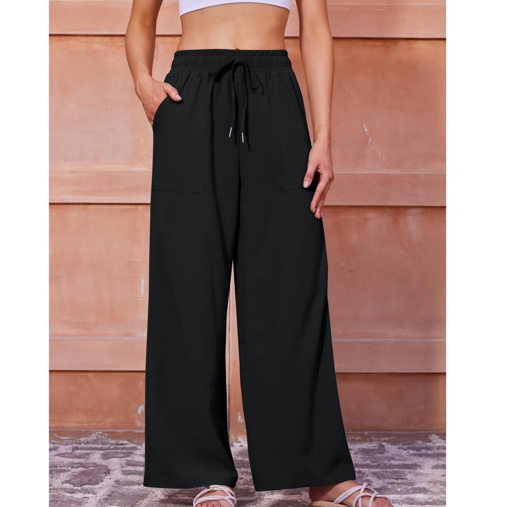 Womens Wide Leg Palazzo Pants High Waisted Adjustable Tie Knot Flowy Trousers Casual Loose Pant With Pockets