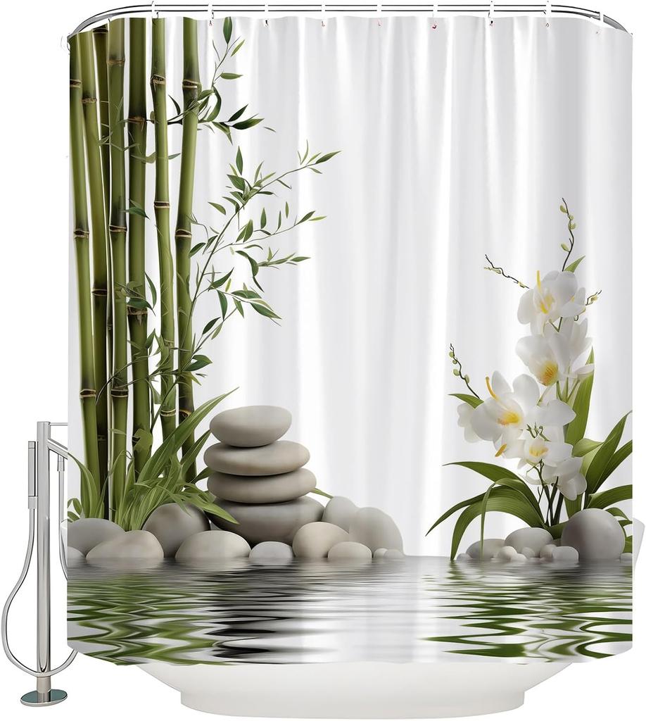 Rideau de douche pierre de spa fleur blanche feuilles vertes source d'eau plante florale décor de jardin japonais rideau asiatique avec crochets