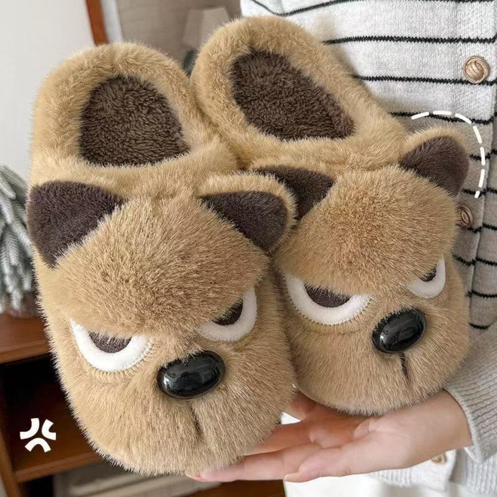 Cartoon Angry Dog Cotton Dragging Home Cotton Slippers Women's Plush Cotton Slippers Men's Warm Shoes Baotou Dragging Women