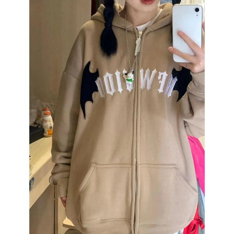 Zip Up Hoodie Women Loose Casual Long Sleeve Retro Embroidered Sweatshirt Autumn Winter Couple Fashion Devil Gothic