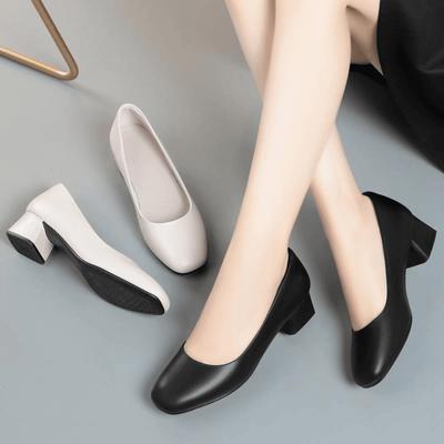 Damenschuhe Herbst neu vielseitig Ein-Pedal weiche Sohle leichte Mund dicker Absatz niedriger Absatz Arbeitsschuhe schwarz kleine Lederschuhe