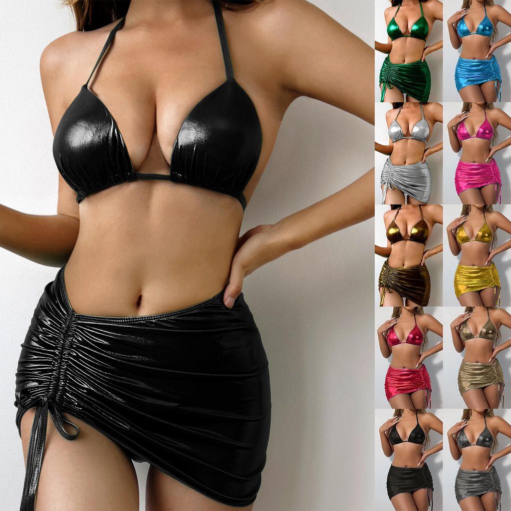 Women's European & American Three-Piece High-Waist Sexy Bikini Set with Hot Stamping