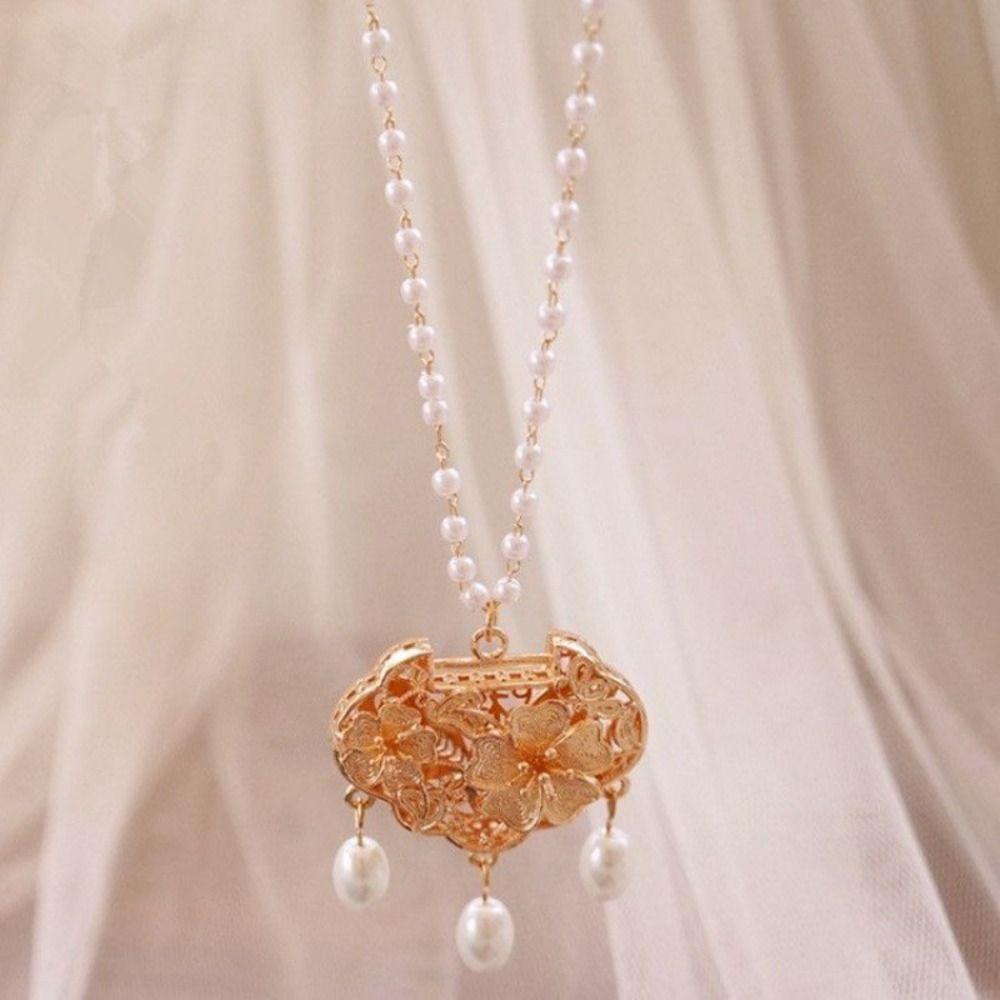 Flower Longevity Lock Pendant Chain Choker Ruyi Pearl Choker Luxury Vintage Hanfu Necklace  Party