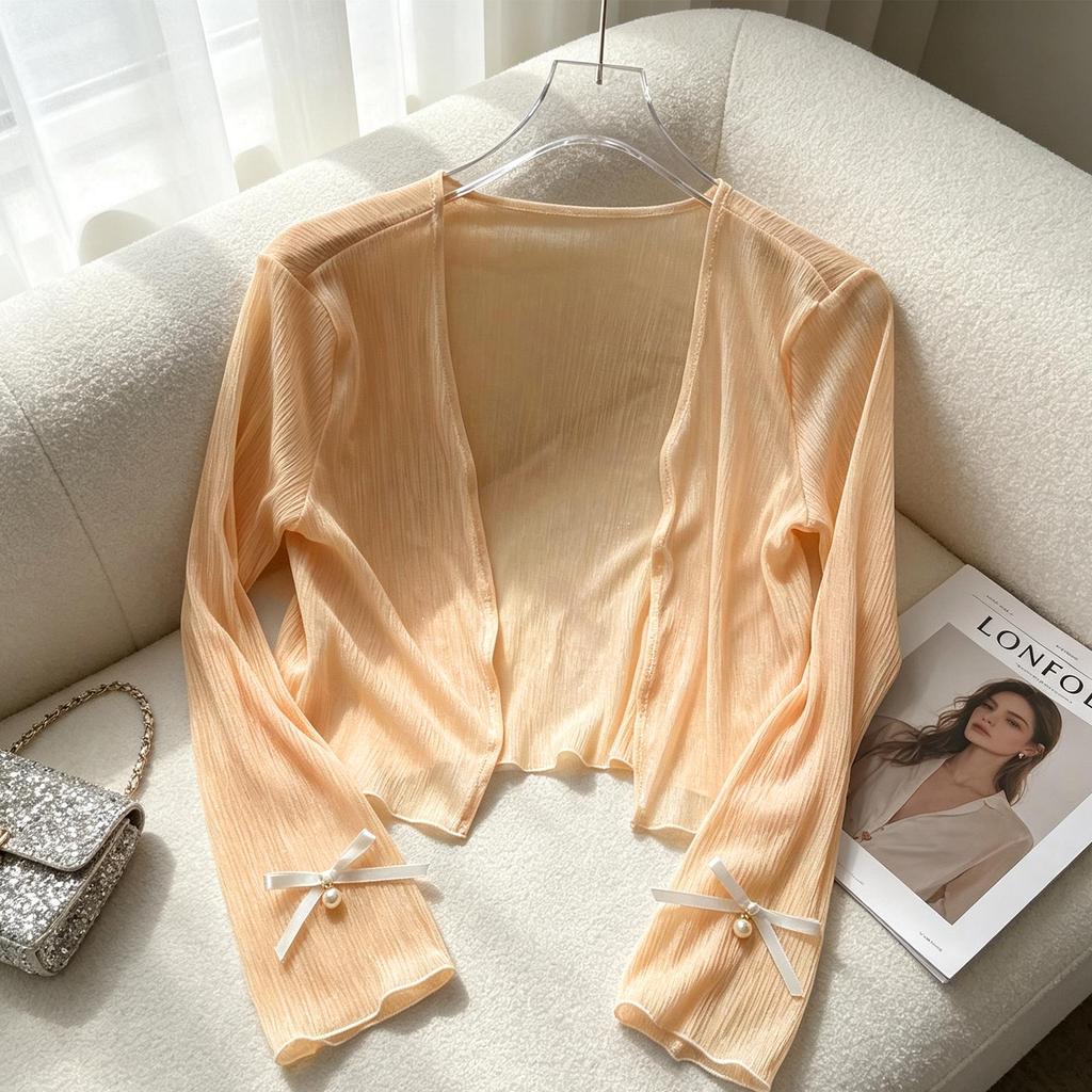 2026 Summer Sheer Ice Silk Bow Cardigan with Sun Protection