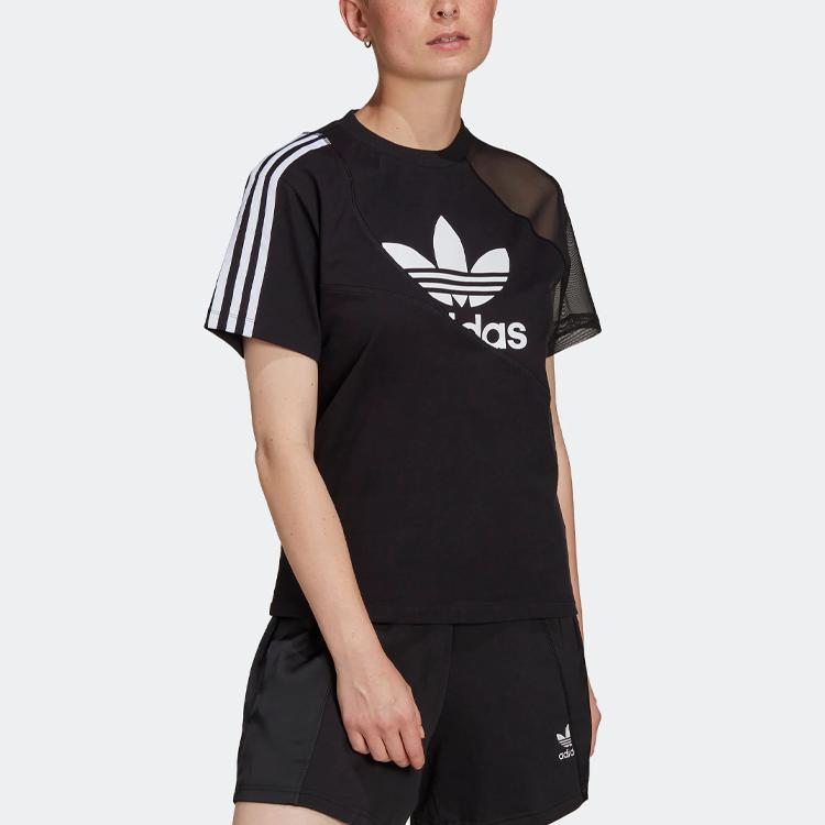 Adidas Originals Trefoil Large Logo Striped Print Spliced Casual Crew Neck Short Sleeve Drop Shoulder T-Shirt Women T-Shirt Black HC7039