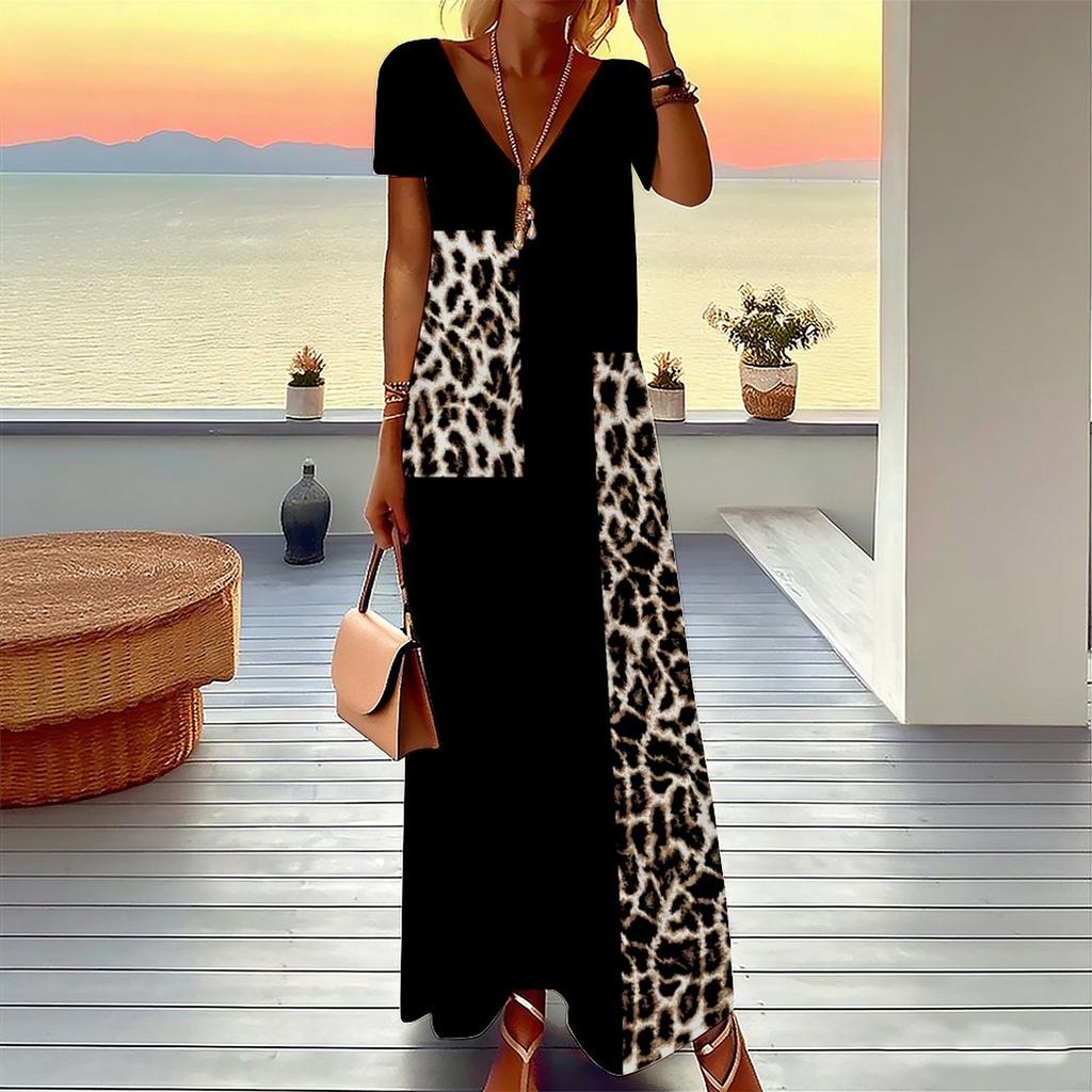 Women Plus Size V Neck Short Sleeve Maxi Dress Camouflage Print Loose Casual Summer Beach Long Dress