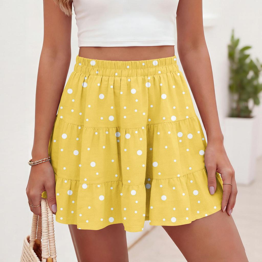 Women Polka Dot Print Casual Beach Skirt Elastic Waist Tiered Mini Skirt Lightweight Comfortable Summer Skirt