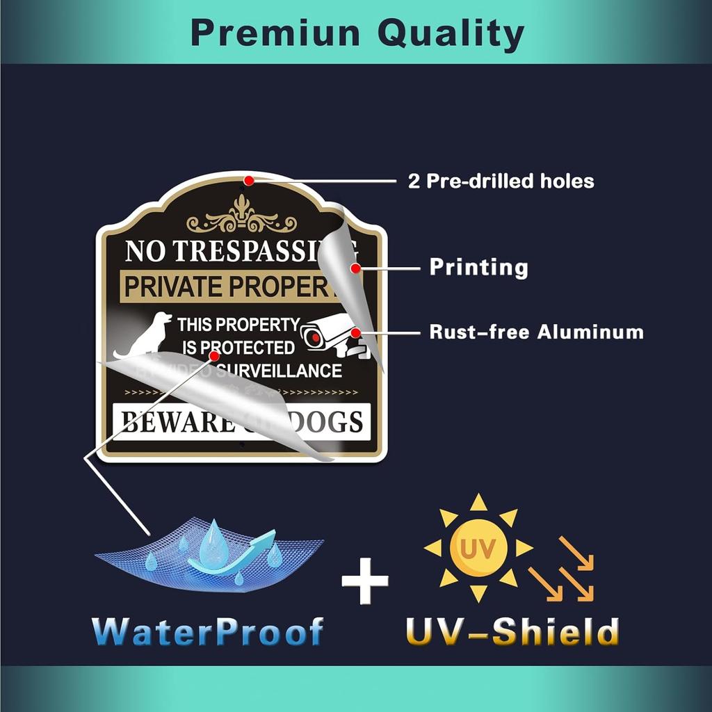 No Trespassing Beware of Dogs Sign - 2 Pack, 10” x 10” Rust Free Aluminum Private Property Sign, Weatherproof, Fade Resistant, Easy Mounting.