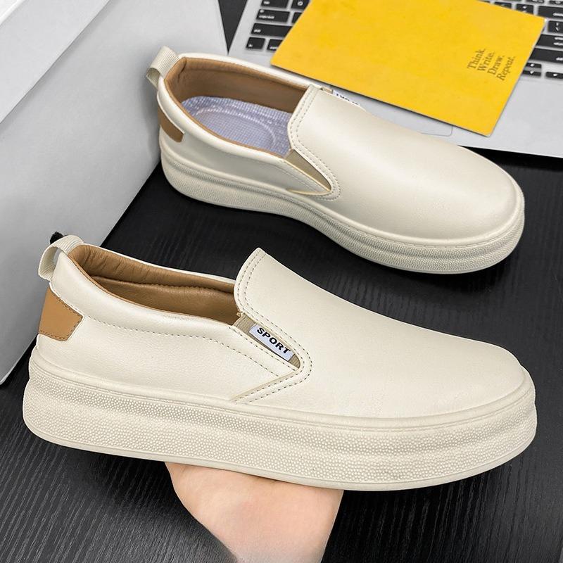 Thick Soled Breathable and Odor Proof Sports Men's Trendy Versatile Soft Leather Casual One Foot White Shoes