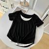 Design sense fake two-piece short-sleeved T-shirt women's contrasting colors splicing thin temperament versatile front shoulder crew neck T-shirt