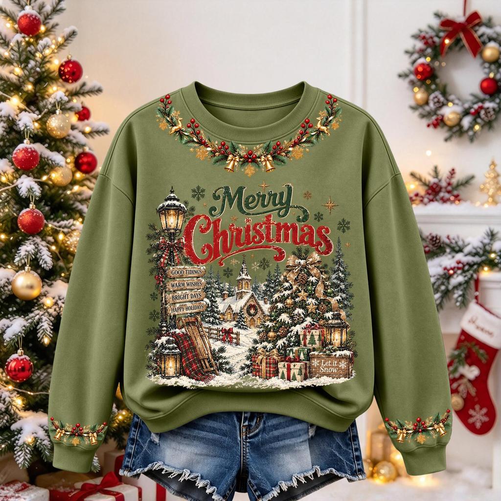 Women's Christmas Print Long Sleeve Top Casual Comfortable Fall Winter Shirt