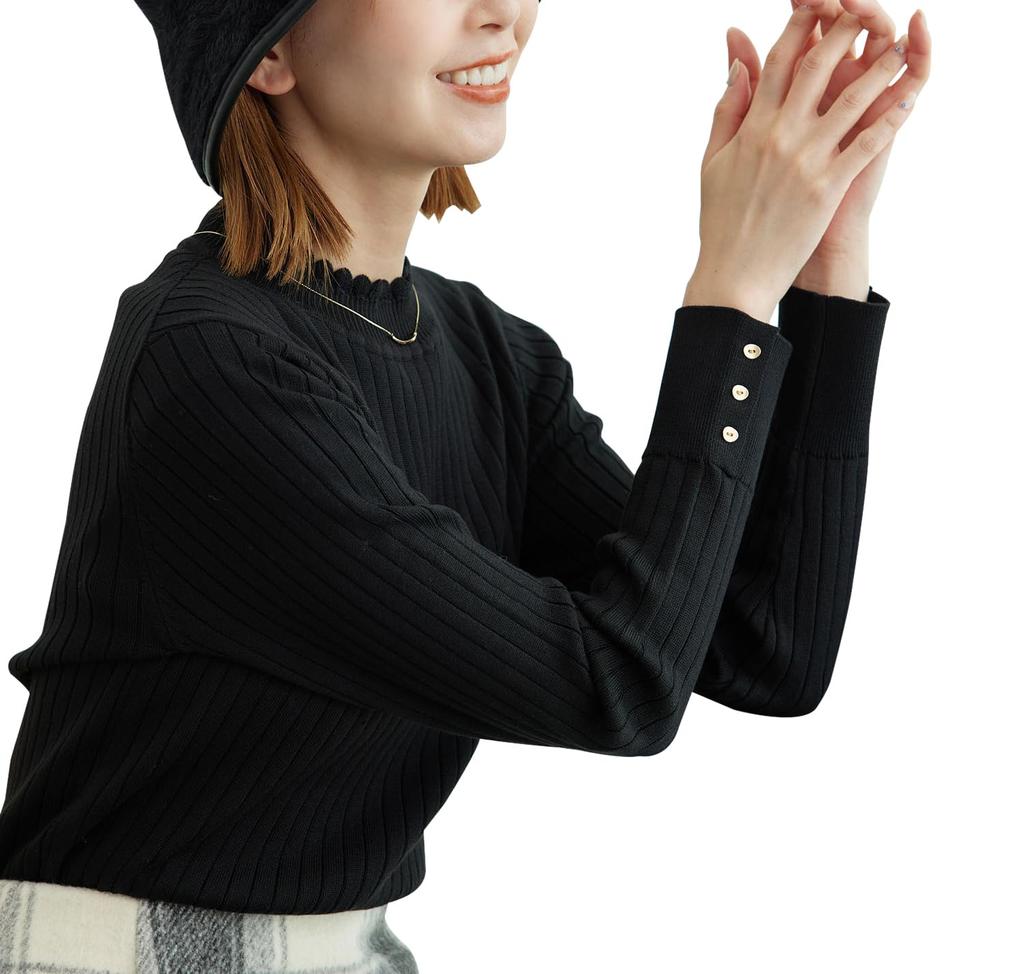 ROPE PICNIC Scallop Neck Rib Knit Pullover Black Maine Size 38 Women's BIOGRACE(R) Sweater, (01),