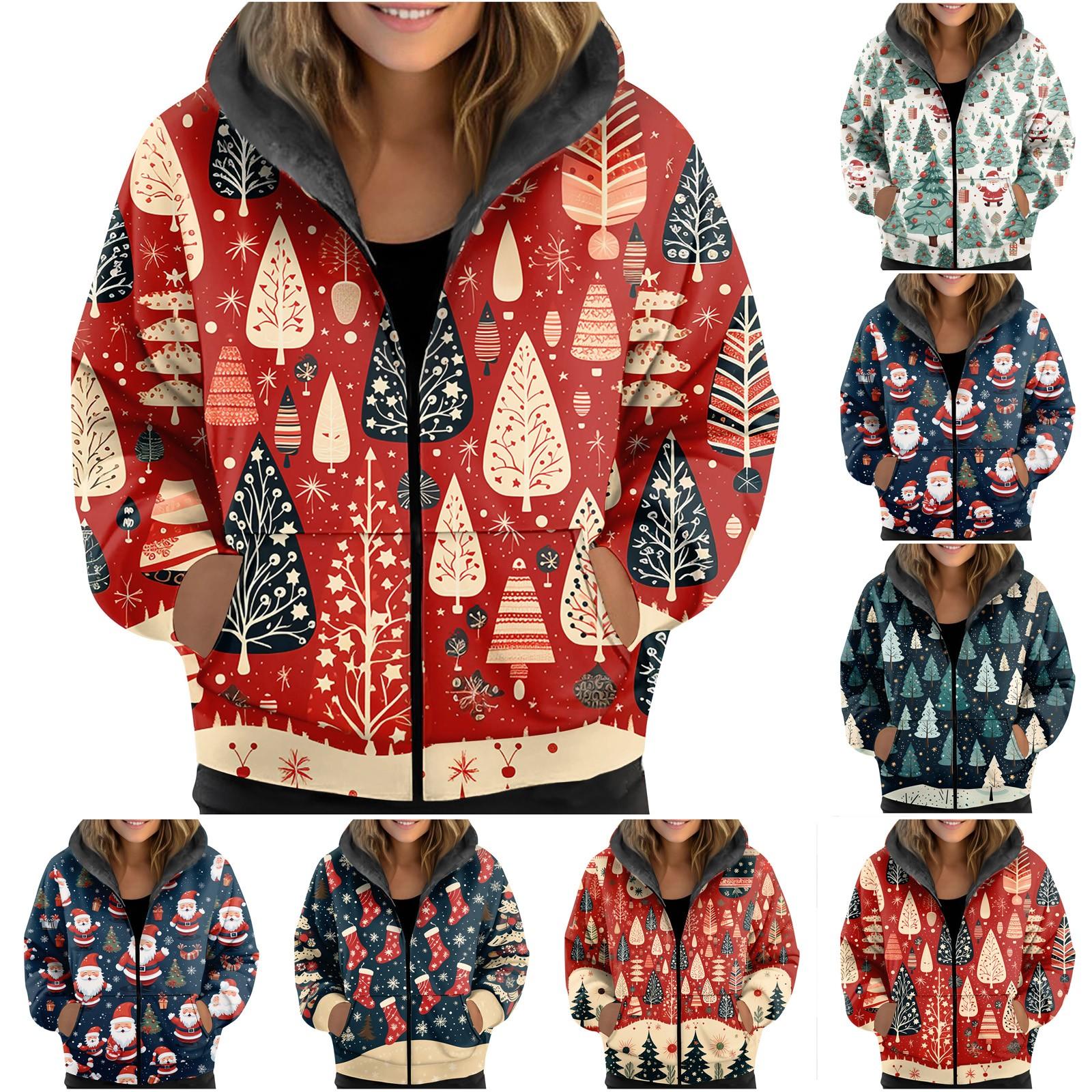 

Женская зимняя бархатная утолщенная куртка с капюшоном и рождественским принтом