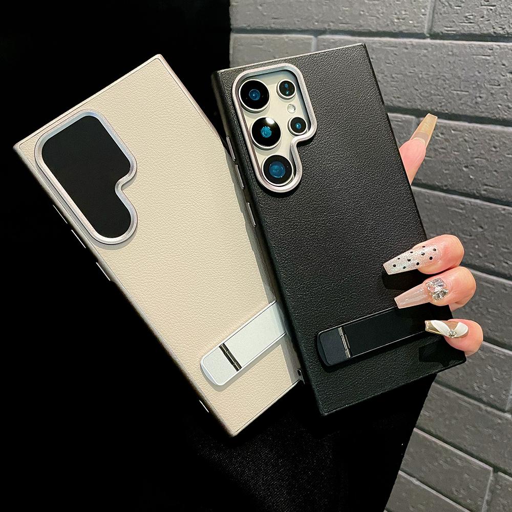Natural Titanium Metal Holder Leather Phone Case for Samsung Galaxy S24 S23 S22 Ultra Plus Metal Button Shockproof Hard Cover