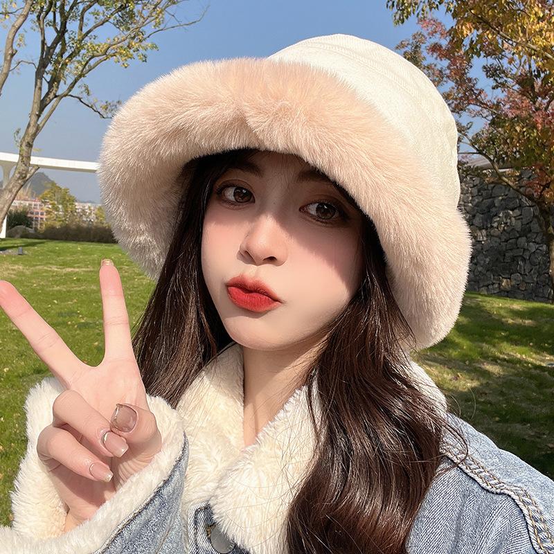 Herbst- und Winterhut Fischerhut Imitat Kaninchenfell gekrempelte Kante verdickte Lammwolle große Krempe Mode Radfahren Thermohut