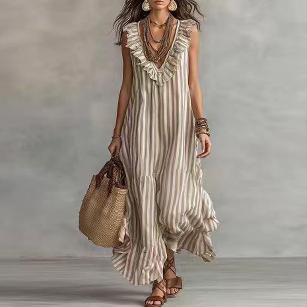 Women's Bohemian Striped Maxi Dress with Ruffle V-Neck Sleeveless Loose Fit for Vacation Travel