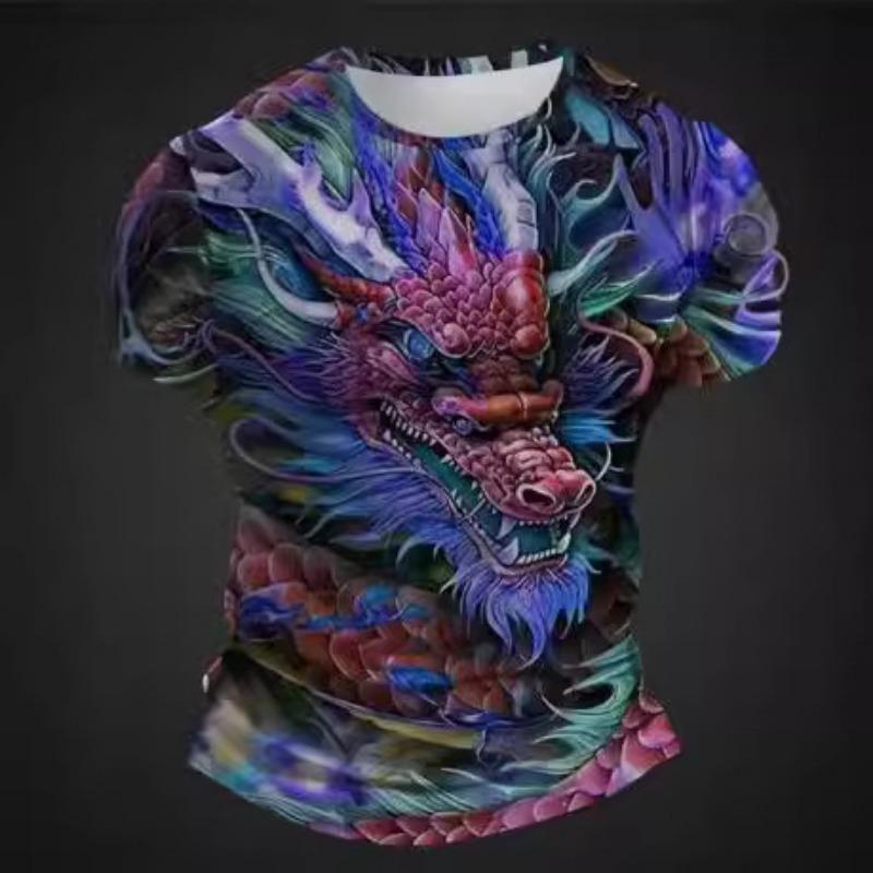 Summer Round Neck 3D Dragon Print Top Fashionable Casual Short Sleeved Men's T-shirts