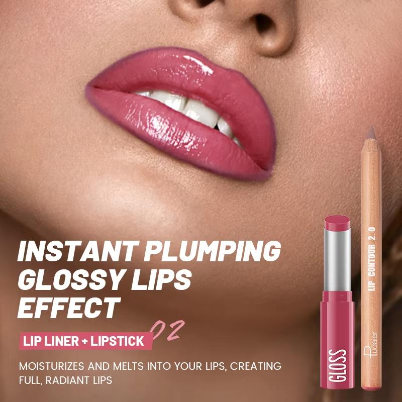 2 ks Sady kombinací tužky na rty, lesku na rty a rtěnky, efekt vodního světla s vysokým leskem, lesklá želé pevná rtěnka a matná konturovací tužka na rty pro konturovací make-up