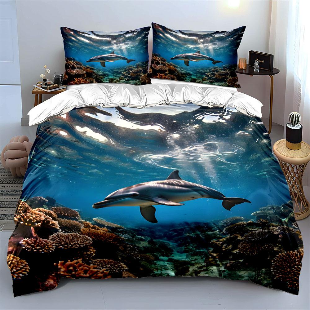 Dolphin Underwater With Corals Print Bedding Set 1 Duvet Cover 2 Pillowcases For Adult And Children Luxury Gift Full Size
