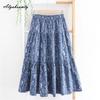 Prairie Chic Summer Autumn Women Fresh Midi A-Line Skirt Elastic-Waist Navy Floral Print Skirt Cotton Feminine Elegant Skirts Womens