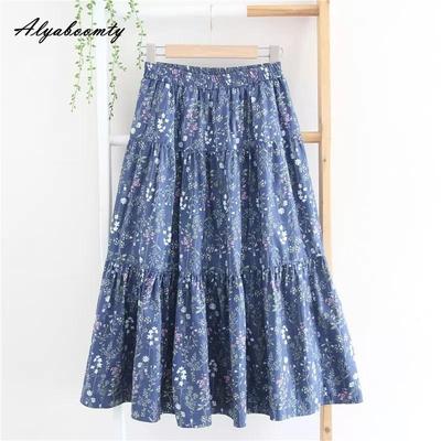 Prairie Chic Summer Autumn Women Fresh Midi A-Line Skirt Elastic-Waist Navy Floral Print Skirt Cotton Feminine Elegant Skirts Womens