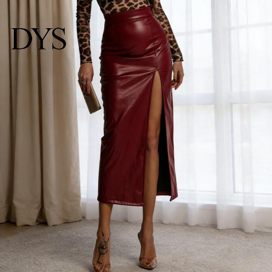 Hip Skirt Midi High Waist Artificial Leather with Slit Design Pure Versatile Color Slimming Fit Office Lady Work Leisure Daily Wear Women Waisted