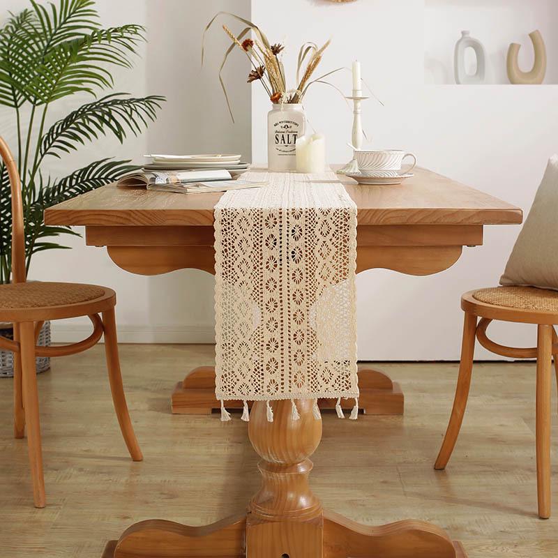 Bu Papa Beige Tassel Crochet Table Runner - American Retro Wave Tea & Dining Table Mat