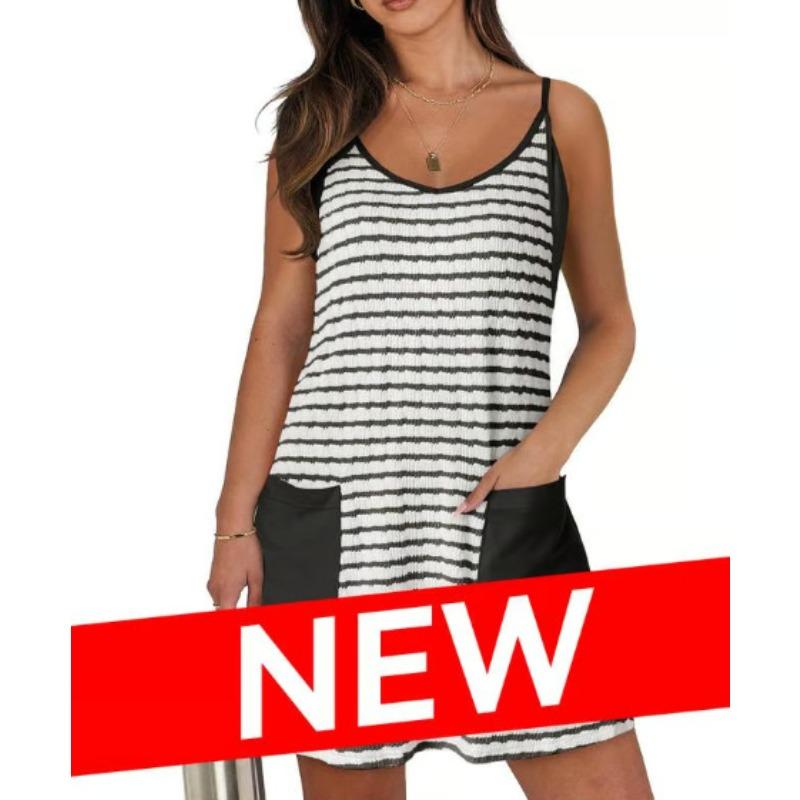 JKASHDK Macacões Casuais Femininos de Moda com Estampa de Listras Verão Primavera Sem Mangas Decote V