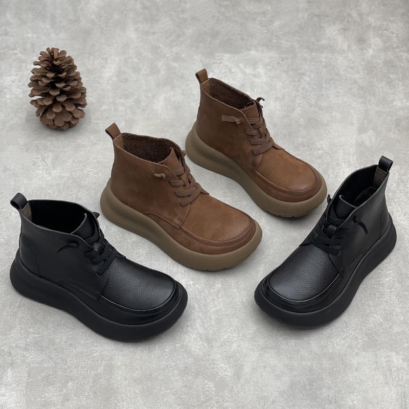 Fashion GKTINOO Lace Up Women Ankle Boots Round Toe Platform Shoes Woman Short Boots Thick Soled Handmade Genuine Leather Women Shoes