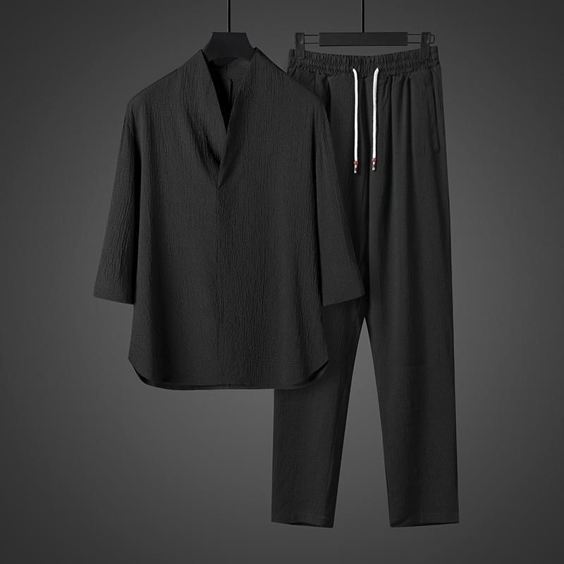 Summer Fashion Trend Solid Color Ice Silk Breathable Two-Piece Men's Leisure Loose Sports Plus-Size Suit